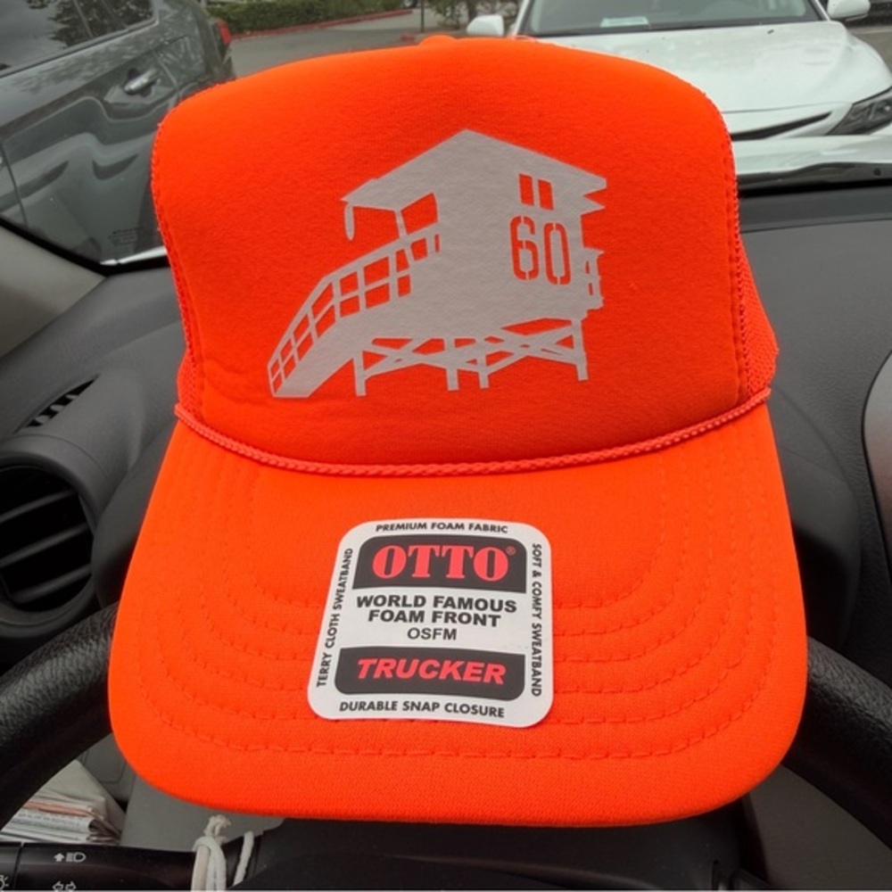 Unisex OTTO Orange Trucker Hat with White Lifeguard Tower Graphic